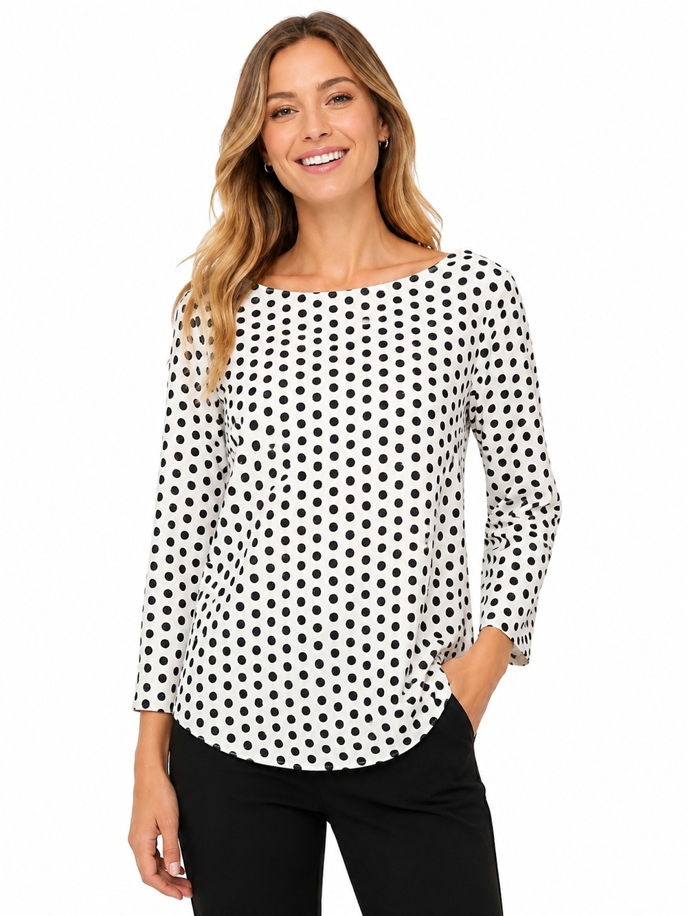 Talbots Black & White Polka Dot 3/4 Sleeve Top